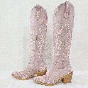 Sparks Country Western Cowgirl Knee Boots Dazzleing Iridescent Rhinestones Pink